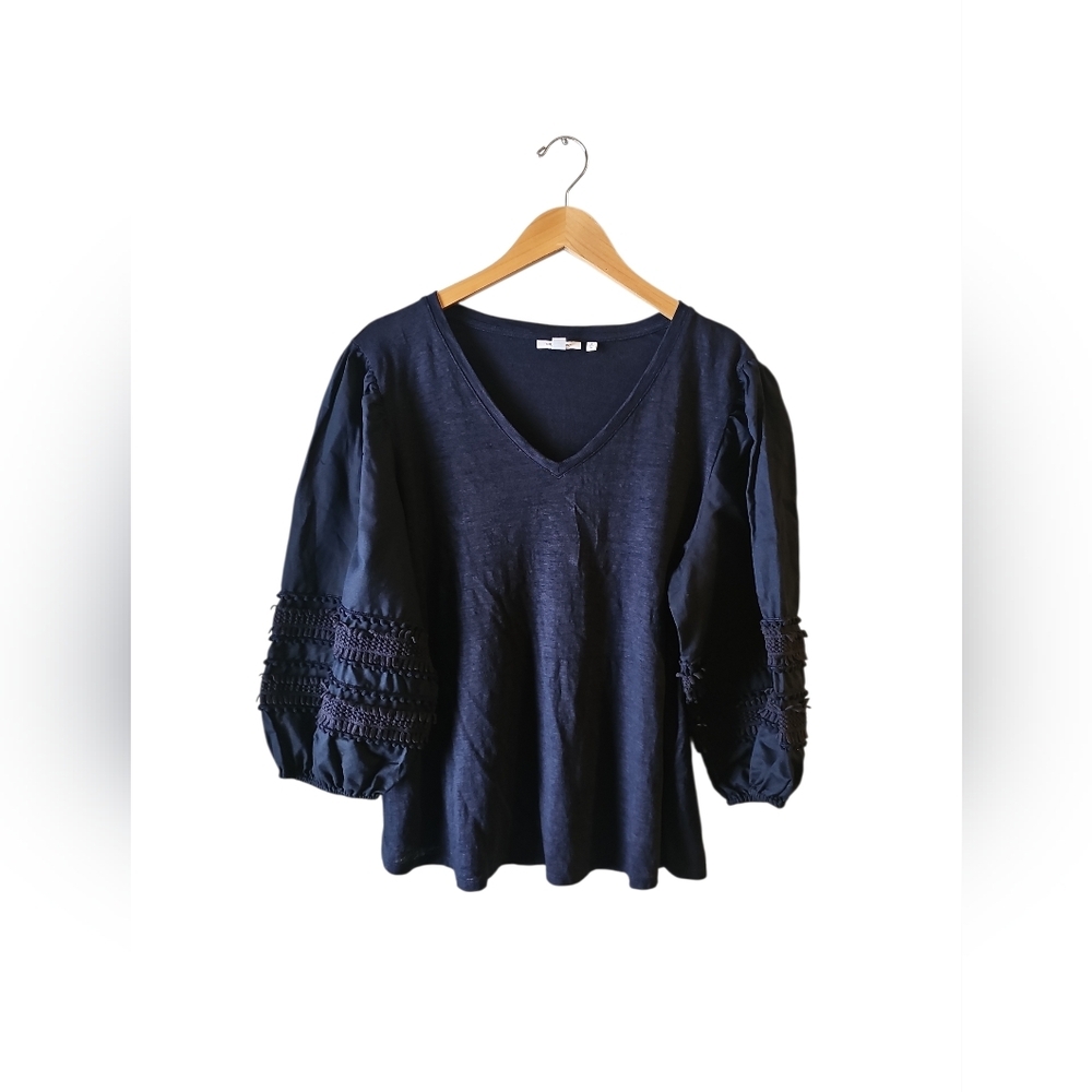 Chicos 3 Navy Blue Linen Shirt Tunic Slub Knit Pom 3/4 Sleeve Sz 16 XL New WT21 - Picture 2 of 7
